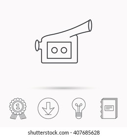 Video camera icon. Retro cinema sign. Download arrow, lamp, learn book and award medal icons.