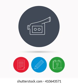 Video camera icon. Retro cinema sign. Calendar, pencil or edit and document file signs. Vector
