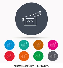 Video camera icon. Retro cinema sign. Icons in colour circle buttons. Vector