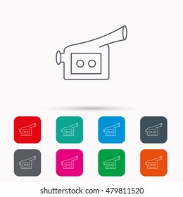Video camera icon. Retro cinema sign. Linear icons in squares on white background. Flat web symbols. Vector