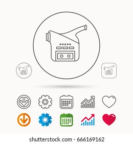 Video camera icon. Retro cinema sign. Calendar, Graph chart and Cogwheel signs. Download and Heart love linear web icons. Vector