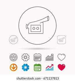 Video camera icon. Retro cinema sign. Calendar, Graph chart and Cogwheel signs. Download and Heart love linear web icons. Vector