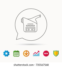 Video camera icon. Retro cinema sign. Calendar, Graph chart and Cogwheel signs. Download and Shield web icons. Vector