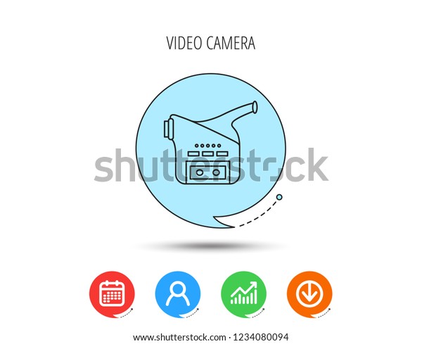 Video camera icon. Retro cinema sign. Calendar,\
User and Business Chart, Download arrow icons. Speech bubbles with\
flat signs. Vector