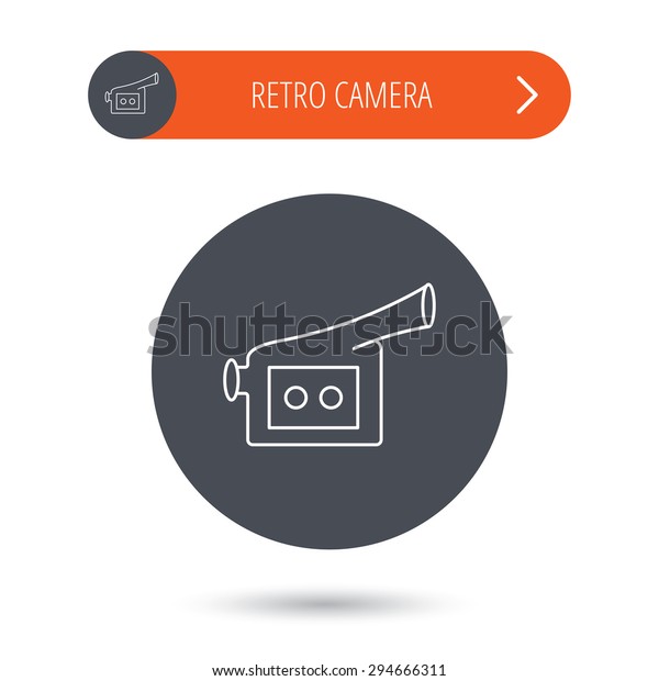 Video camera icon. Retro cinema\
sign. Gray flat circle button. Orange button with arrow.\
Vector