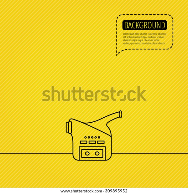Video camera icon. Retro cinema\
sign. Speech bubble of dotted line. Orange background.\
Vector