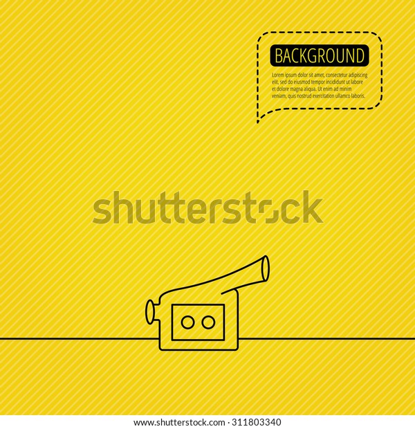 Video camera icon. Retro cinema\
sign. Speech bubble of dotted line. Orange background.\
Vector