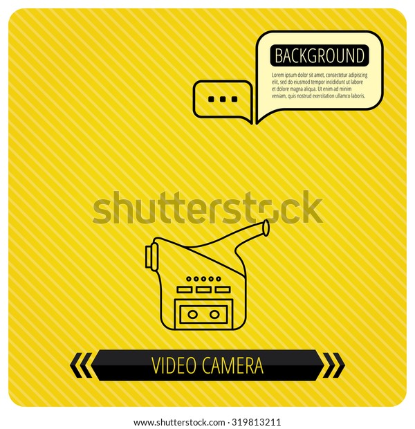 Video camera icon. Retro cinema sign.\
Chat speech bubbles. Orange line background.\
Vector