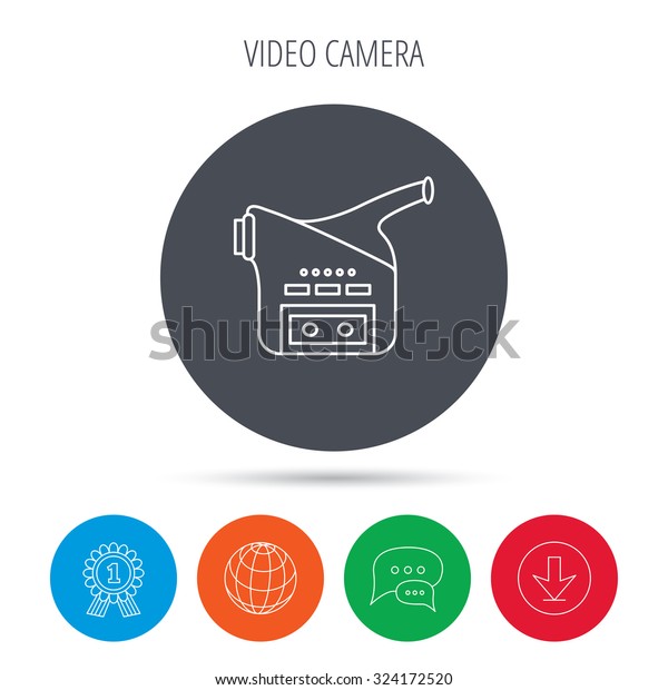 Video camera icon.\
Retro cinema sign. Globe, download and speech bubble buttons.\
Winner award symbol.\
Vector