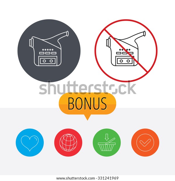 Video camera icon. Retro cinema sign. Shopping\
cart, globe, heart and check bonus buttons. Ban or stop prohibition\
symbol.