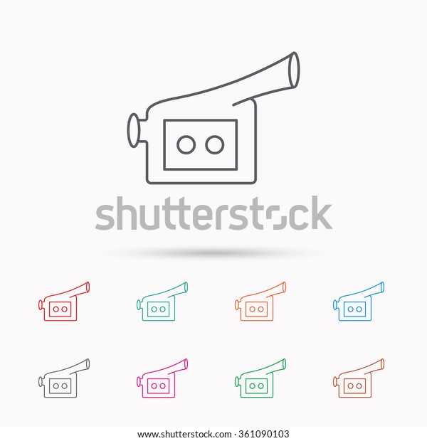 Video camera icon. Retro cinema sign. Linear\
icons on white\
background.