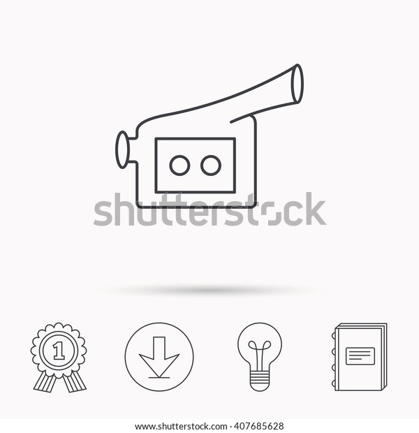 Video camera icon. Retro cinema\
sign. Download arrow, lamp, learn book and award medal\
icons.