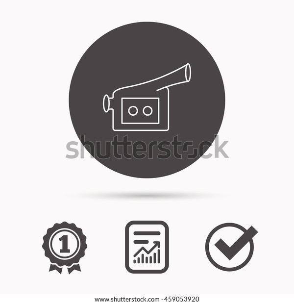 Video camera\
icon. Retro cinema sign. Report document, winner award and tick.\
Round circle button with icon.\
Vector