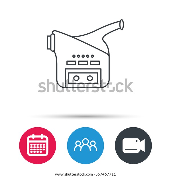 Video camera icon. Retro cinema\
sign. Group of people, video cam and calendar icons.\
Vector