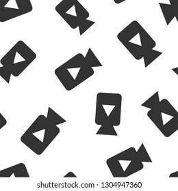 Video camera icon seamless pattern background. Movie play vector illustration. Video streaming symbol pattern.