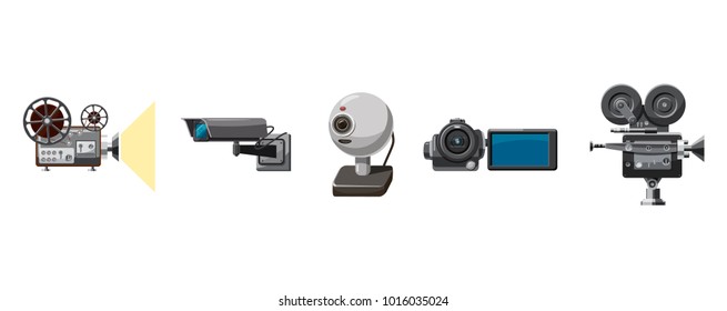 Video camera icon set. Cartoon set of video camera vector icons for web design isolated on white background