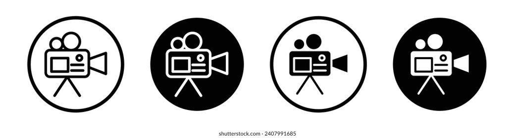 Video camera icon set. Film camcorder and cinema movie maker vector symbol in a black filled and outlined style. Mutimedia camera sign.