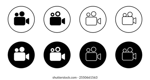 Video camera icon set on black circle. Film, movie sign symbol