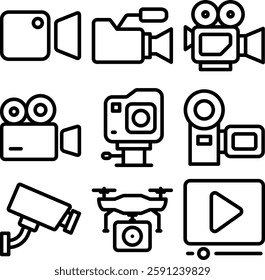 Video camera icon set representing media, recording, and film themes