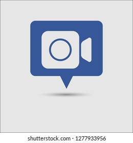 Video camera icon as social media popup notification message window with blue background and drop shadow