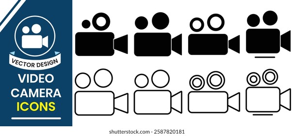 Video camera icon vector set. Silhouette of video camera symbol for app, logo, web design.  Photography, multimedia icons, photos, video,  production, player, movie, cinema icons. Vector illustration.