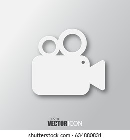 Video camera icon in white style with shadow isolated on grey background. For your design, logo. Vector illustration.