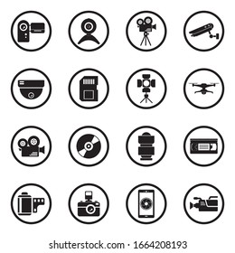 Video Camera Icons. Black Flat Design In Circle. Vector Illustration.
