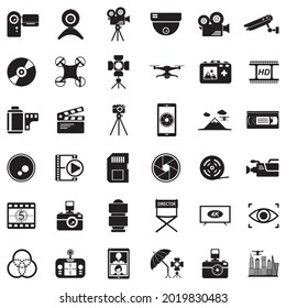 Videokamera-Symbole. Schwarzes Flachdesign. Vektorgrafik.