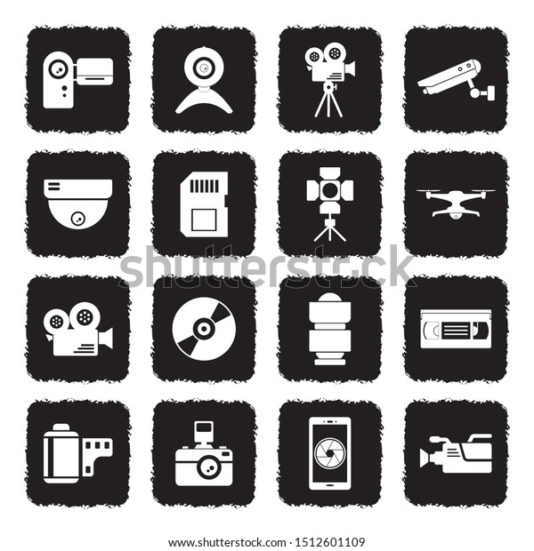 Video Camera Icons. Grunge Black Flat\
Design. Vector\
Illustration.