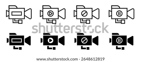 Video camera icons vector in outline and solid styles featuring recording, playback, pause, and stop controls ideal for multimedia applications, web design, and user interfaces.