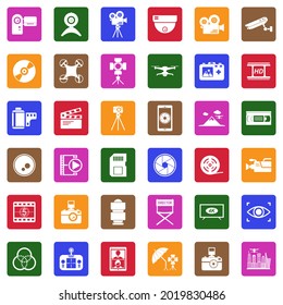 Video Camera Icons. White Flat Collection In Square. Vector Illustration.