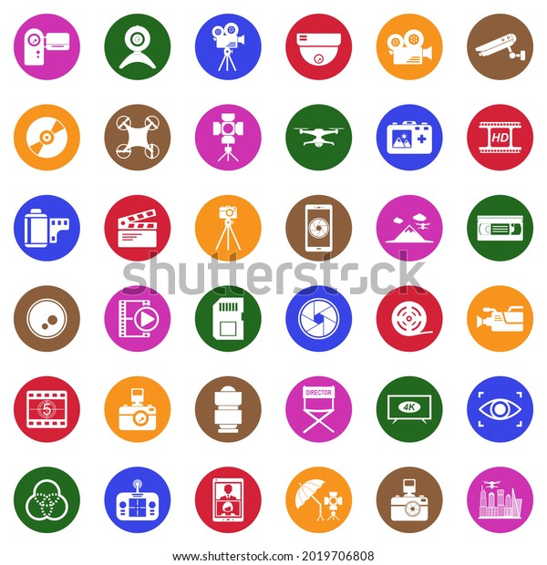Video Camera Icons. White Flat Collection\
In Circle. Vector\
Illustration.