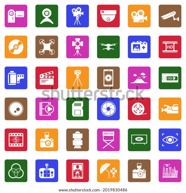 Video Camera Icons. White Flat Collection\
In Square. Vector\
Illustration.