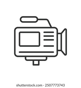 Video Camera, in line design. Camcorder, Digital video camera, recording device, Videography, Camera lens, Video recording on white background vector. Video Camera editable stroke icon.