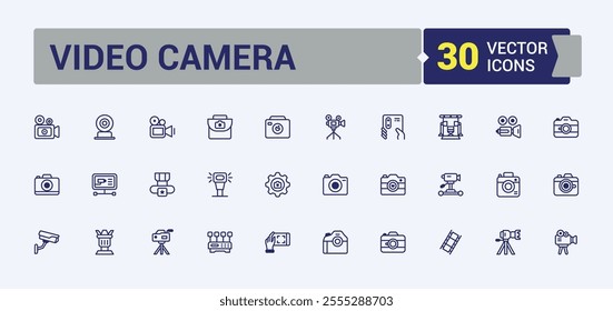 Video Camera line icon collections. Includes icons for slr, web, digital, camera, isolated and more. Simple icon designs. Vector icons editable stroke.