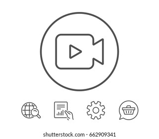 Video Camera line icon. Movie or Cinema sign. Multimedia symbol. Hold Report, Service and Global search line signs. Shopping cart icon. Editable stroke. Vector
