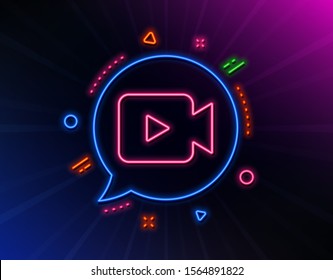 Video Camera line icon. Neon laser lights. Movie or Cinema sign. Multimedia symbol. Glow laser speech bubble. Neon lights chat bubble. Banner badge with video camera icon. Vector