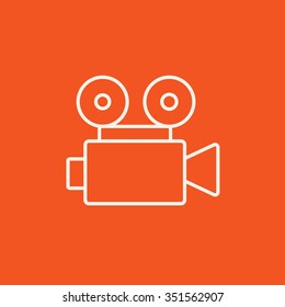 Video camera line icon for web, mobile and infographics. Vector white icon isolated on red background.