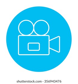 Video camera line icon for web, mobile and infographics. Vector white icon on the light blue circle isolated on white background.