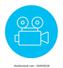 Video camera line icon for web, mobile and infographics. Vector white icon on the light blue circle isolated on white background.