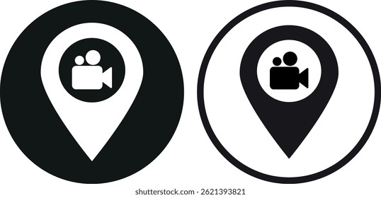 Video camera location pin icon set in two styles . Camera map pointer icon . Vector illustration