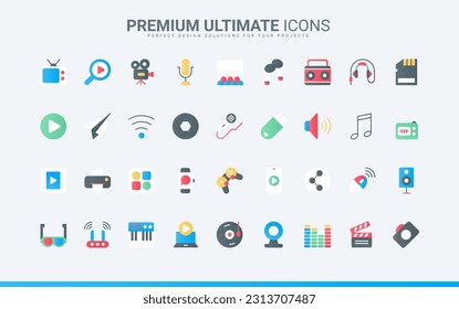 Video camera and microphone, photo, movie and music library mobile app, headphones and games. Multimedia content, equipment and entertainment trendy flat icons set vector illustration