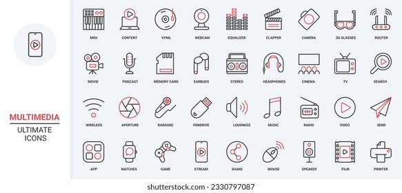 Video camera and microphone, photo, movie and music library mobile app, headphones and games. Multimedia content, equipment and entertainment trendy red black thin line icons set vector illustration.