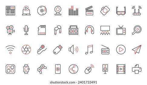 Video camera and microphone, photo, movie and music library mobile app, headphones and games. Multimedia content, equipment and entertainment trendy red black thin line icons set vector illustration.