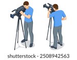 The video camera with the microphone is standing on the tripod. Isometric Cameraman. Video camera operator. Concept of technology, modern, entertainment. The video camera with the microphone