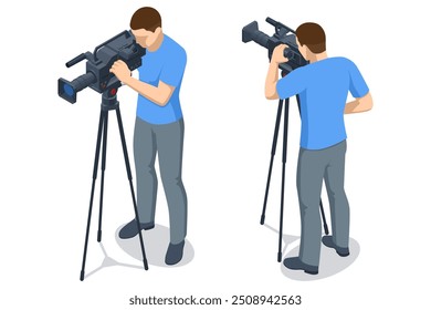 The video camera with the microphone is standing on the tripod. Isometric Cameraman. Video camera operator. Concept of technology, modern, entertainment. The video camera with the microphone