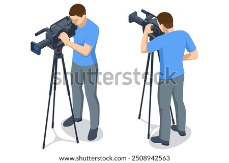 The video camera with the microphone is standing on the tripod. Isometric Cameraman. Video camera operator. Concept of technology, modern, entertainment. The video camera with the microphone