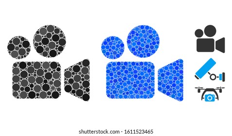 Video camera mosaic of round dots in different sizes and color tinges, based on video camera icon. Vector round dots are organized into blue collage.
