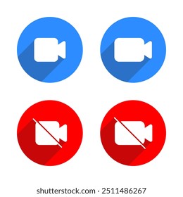 Video camera and mute call icon set with long shadow. Camcorder, cam button