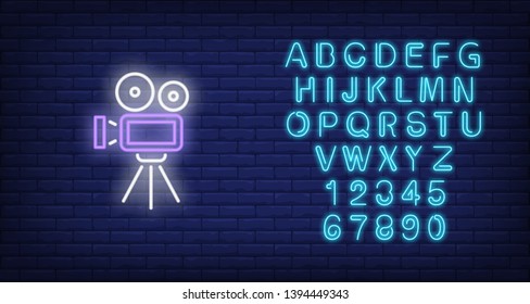 Video camera neon sign. Luminous signboard with retro film production equipment. Night bright advertisement. Vector illustration in neon style for vintage movie, filmmaking, videographer, creativity